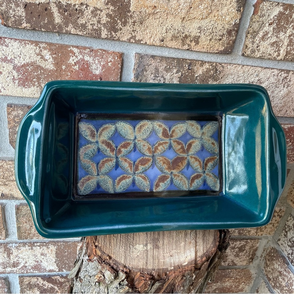 Artisan Pottery Loaf Pan Gorgeous Green Rust & Yellow Motif Butterflies CG